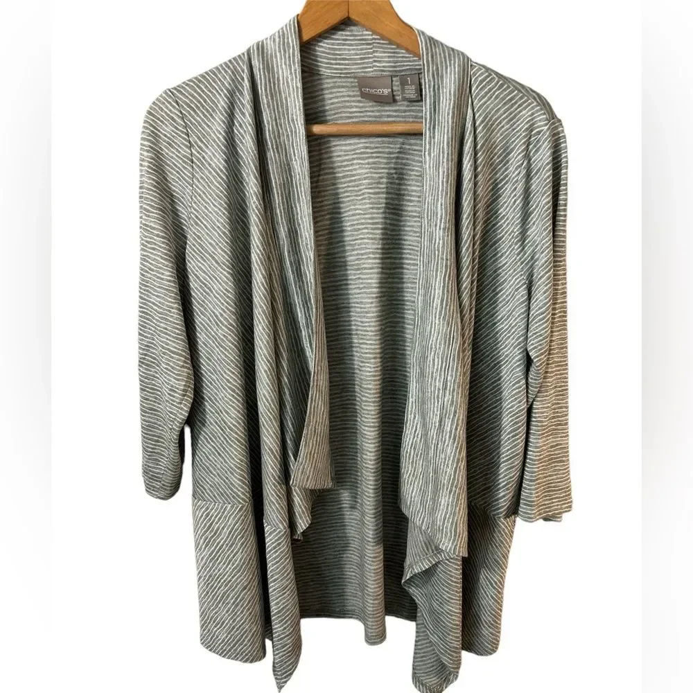 Chico’s Open draped Cardigan 3/4 sleeve grey white pinstripe size 1 Medium